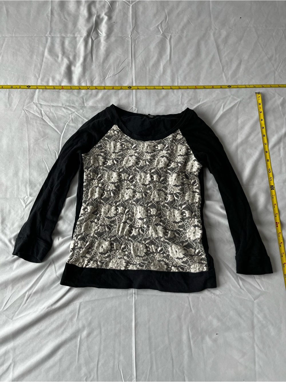 eye candy Black Long-Sleeve Raglan Top with Ivory Lace Front